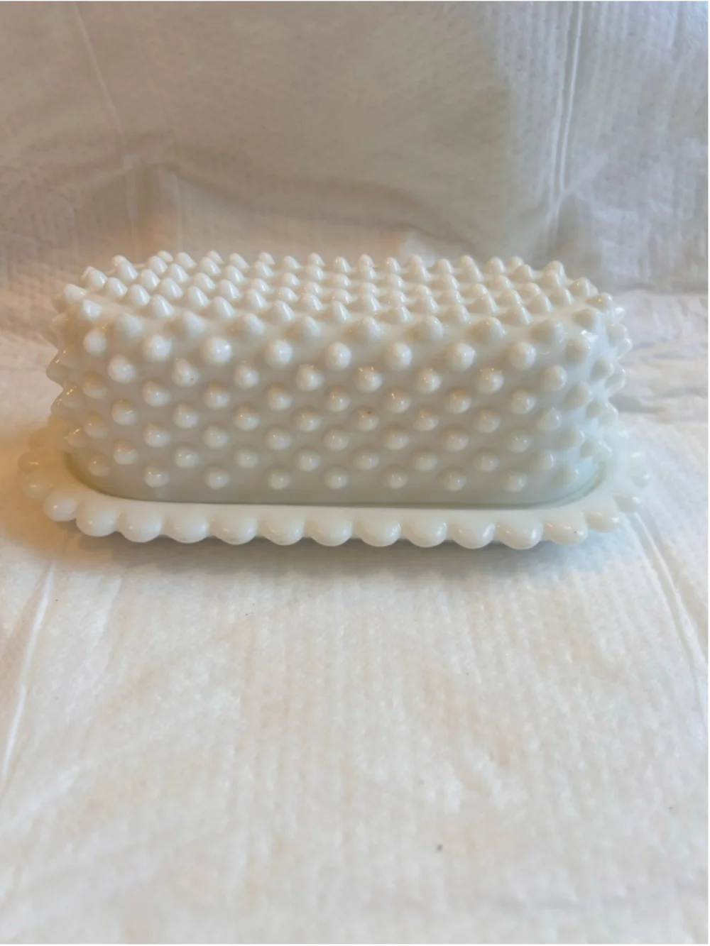 Vintage Fenton Milk Glass Hobnail Butter Dish Scalloped Edge White Minimalist